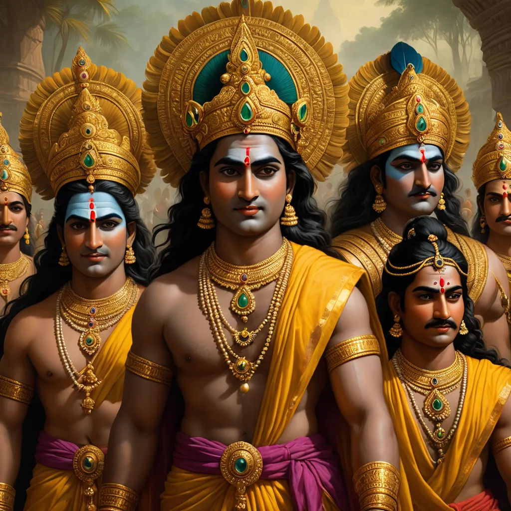 a group of men dressed in indian costumes and headdress, all wearing gold jewelry and headdress, bengal school of art, a detailed painting, Brothers Hildebrandt, highly detailed digital painting