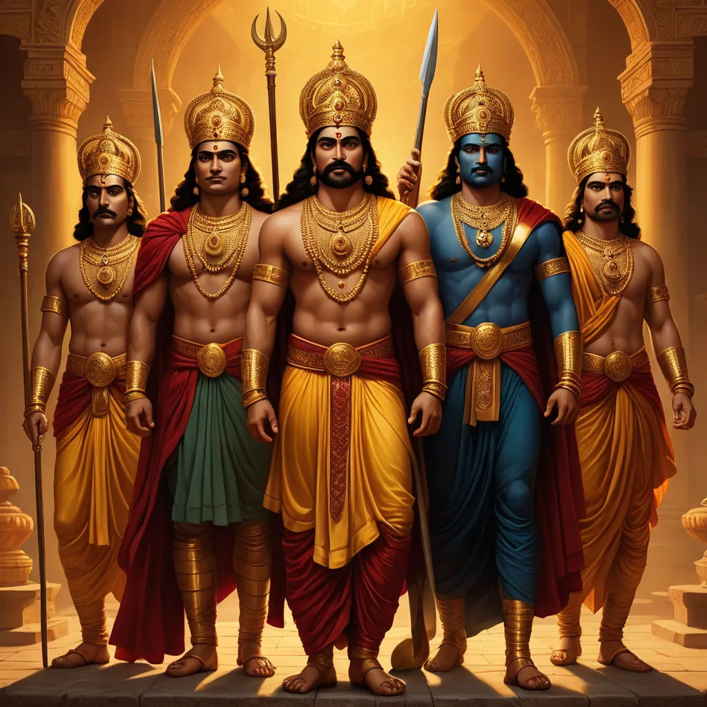 a group of men dressed in indian costumes standing next to each other in a temple with a golden background, samikshavad, a detailed painting, Brothers Hildebrandt, highly detailed digital painting