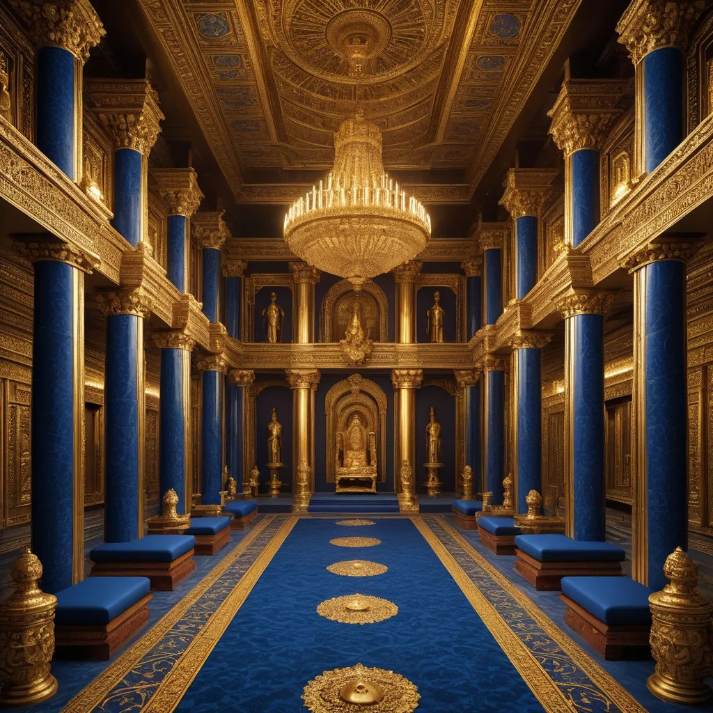 a large room with a blue carpet and gold columns and a chandelier hanging from the ceiling and a chandelier hanging from the ceiling, qajar art, a detailed matte painting, Chris LaBrooy, cgstudio