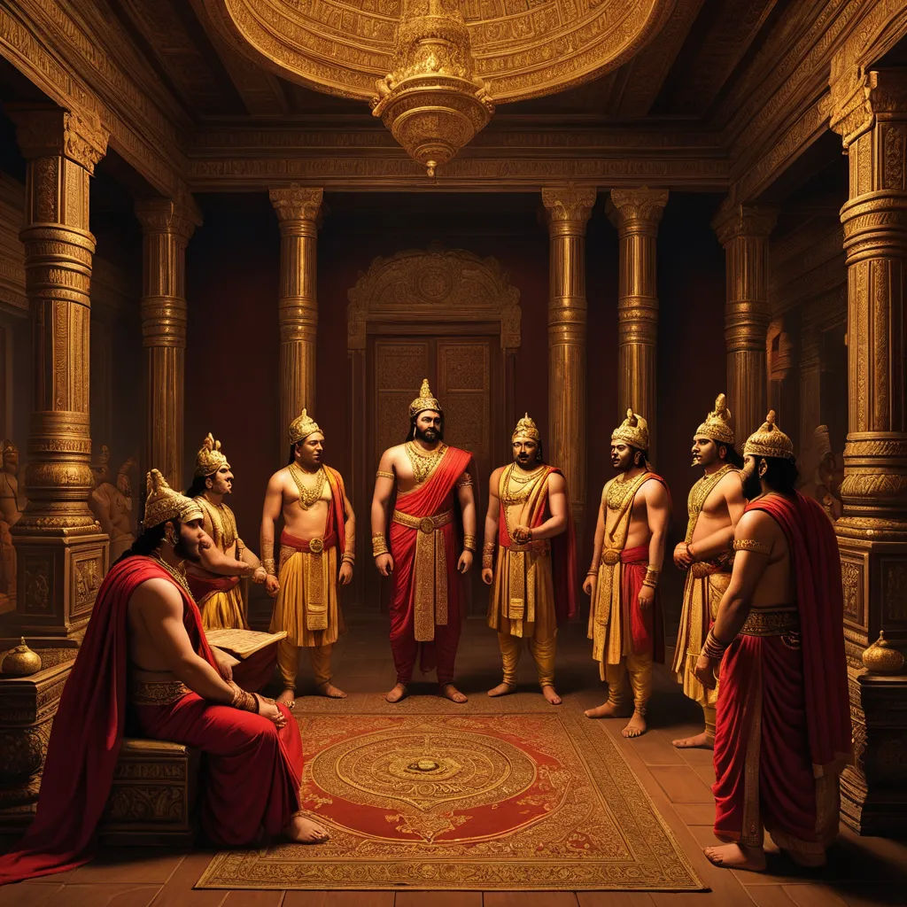 a group of men in ancient greek costumes standing in a room with columns and a rug on the floor, bengal school of art, a detailed matte painting, Bholekar Srihari, matte fantasy painting