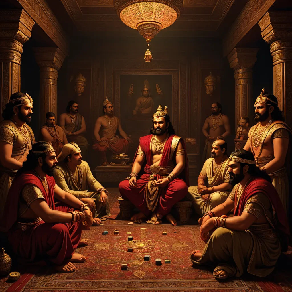 a group of men sitting around a table with cards and coins on it in front of them, all dressed in ancient clothing, samikshavad, an oil on canvas painting, Bholekar Srihari, promotional image