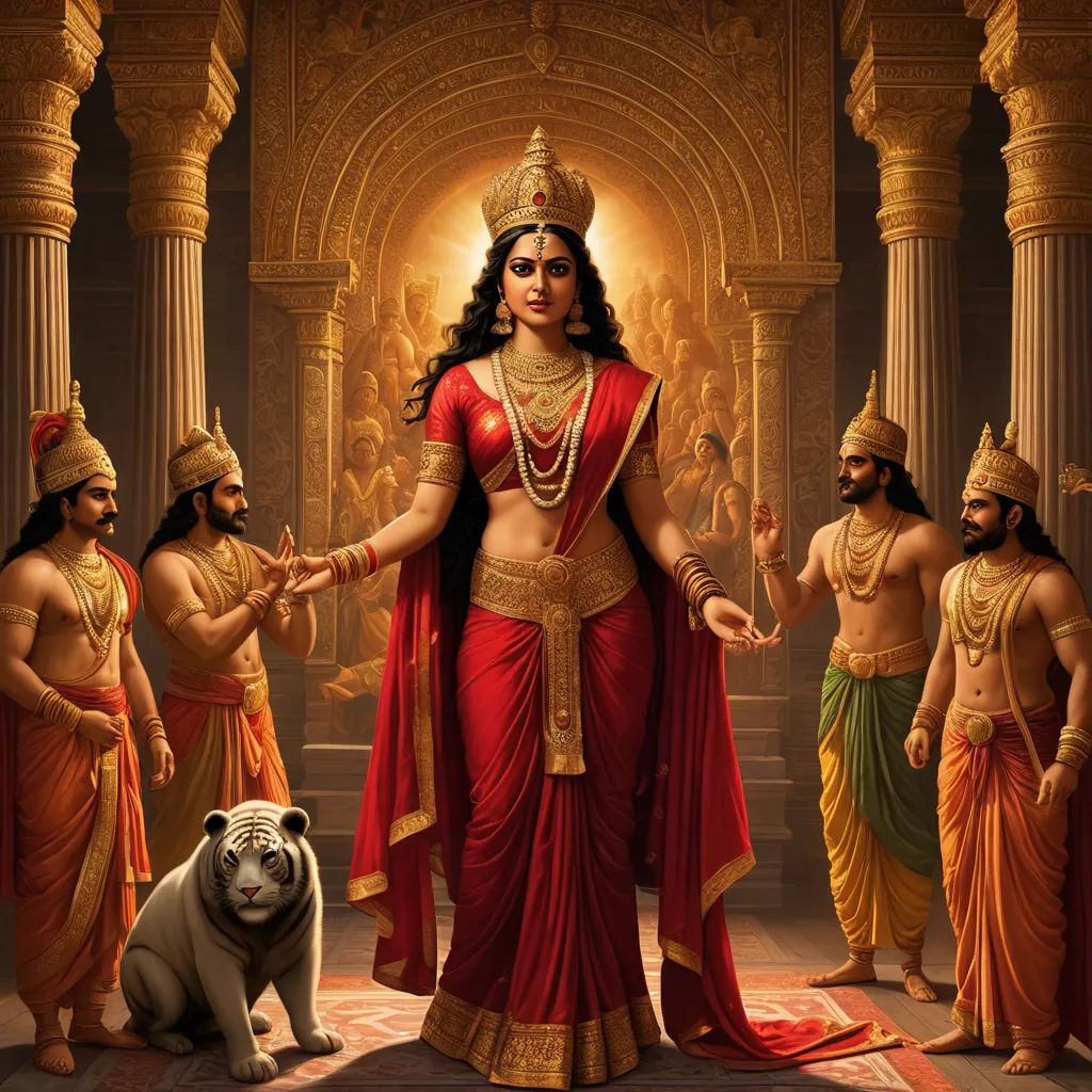 a painting of a woman in a red sari surrounded by other people and a dog in front of a temple, bengal school of art, a detailed painting, Ella Guru, classical painting
