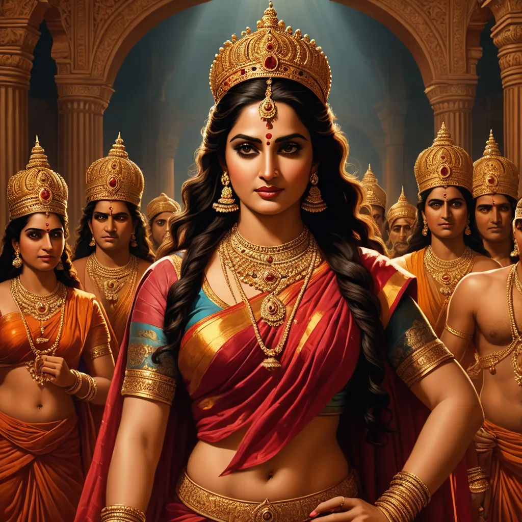a painting of a woman in a red sari with other women in gold and red saris behind her, samikshavad, a detailed painting, Ella Guru, official art