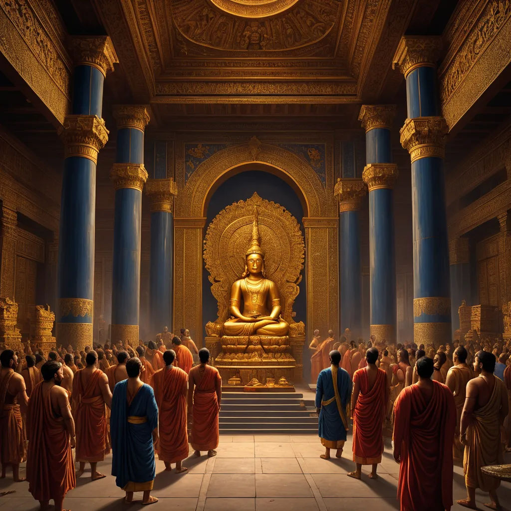 a group of people standing around a golden buddha statue in a room with columns and a ceiling decorated with gold and blue columns, samikshavad, a detailed matte painting, Christophe Vacher, cinematic matte painting