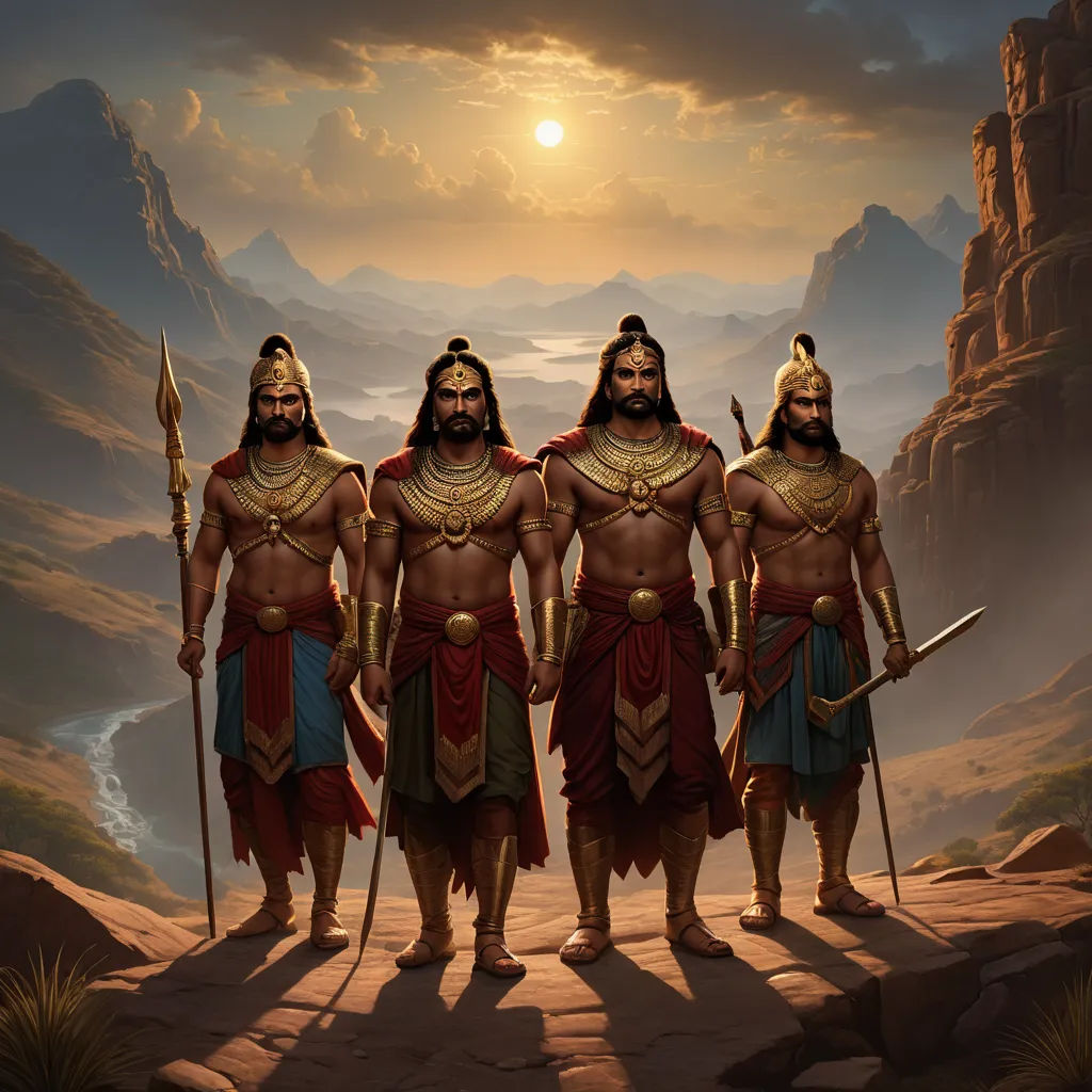 three men in ancient costumes standing in front of a mountain landscape with a sunset in the background and a river running through the valley, samikshavad, a detailed matte painting, Christophe Vacher, official art