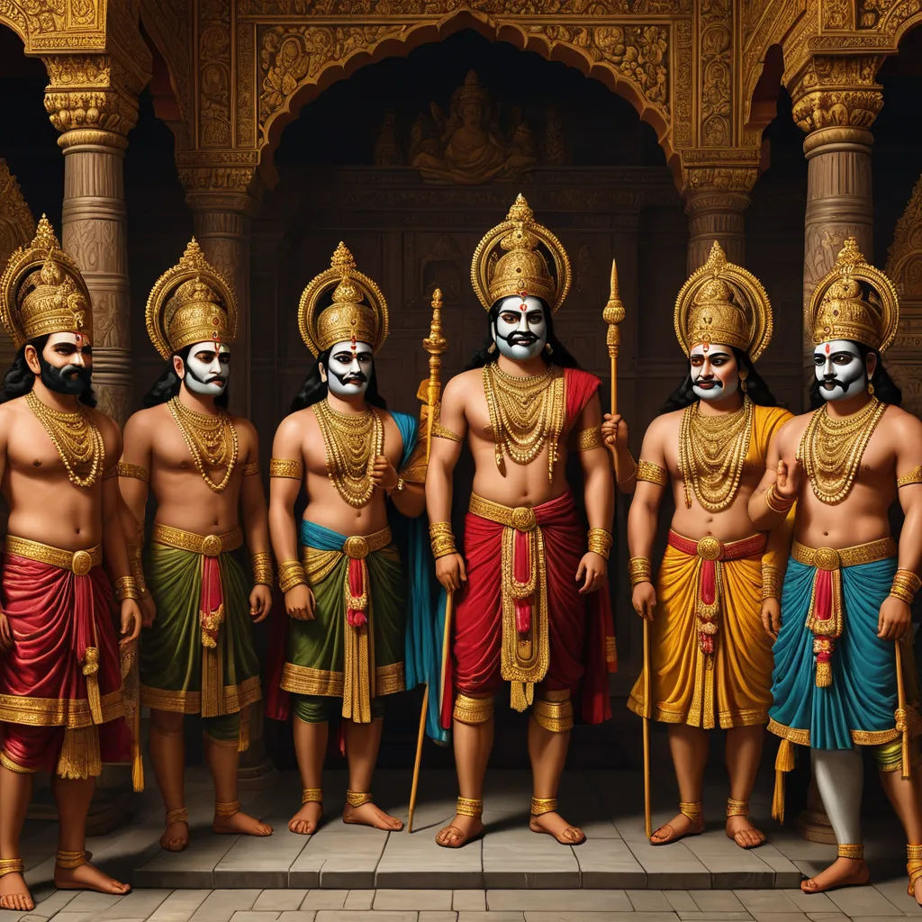 a group of men in costumes standing next to each other in front of a building with pillars and pillars, bengal school of art, a detailed matte painting, Bholekar Srihari, highly detailed digital painting