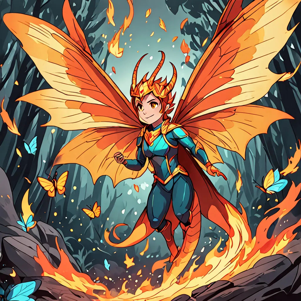 a cartoon character with a fire and a firefly on her back, in a forest with butterflies and fire, fantasy art, a character portrait, Adam Rex, official art