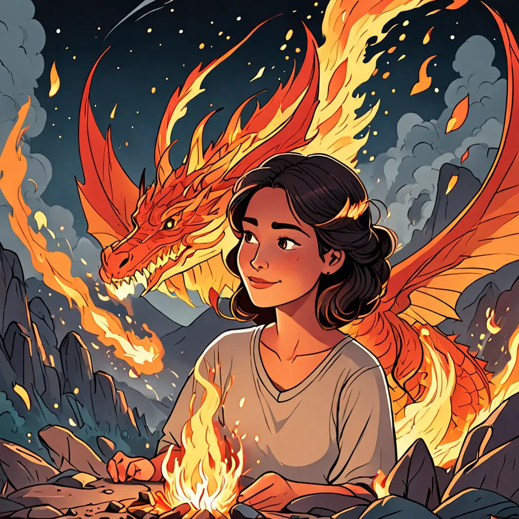 a girl sitting in front of a fire dragon on a mountain with a sky background and a star in the sky, fantasy art, a storybook illustration, Atey Ghailan, fantasy illustration