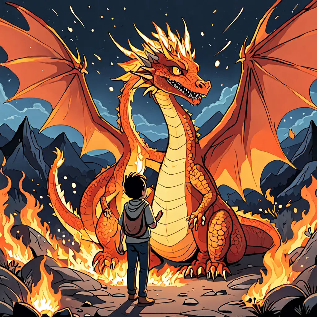 a man standing next to a dragon on a fire covered ground with mountains in the background and a sky filled with clouds, fantasy art, a storybook illustration, Dan Mumford, storybook illustration