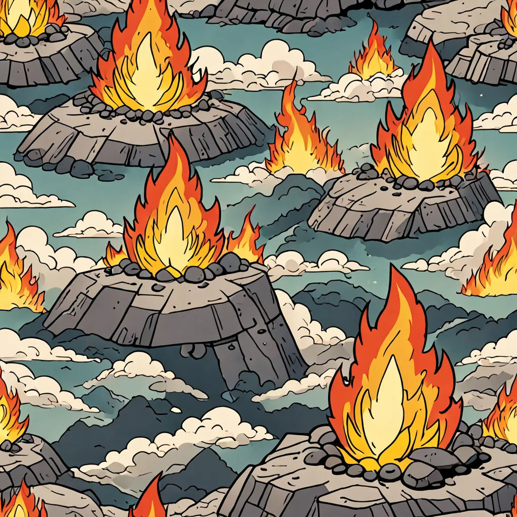 a cartoon of a bunch of fire in the sky with clouds and rocks in the background, with a lot of flames coming out of the ground, environmental art, concept art, Chris LaBrooy, high detail illustration
