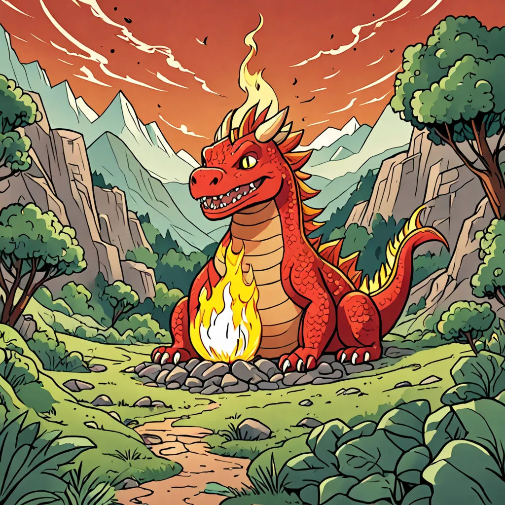 a cartoon dragon sitting on a rock in the woods with a fire in its mouth and mountains in the background, fantasy art, a storybook illustration, Chris LaBrooy, dragon art