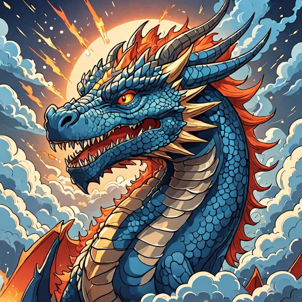 a blue dragon with orange wings and a red tail is flying through the air with clouds and a sun in the background, fantasy art, poster art, Dan Mumford, dragon art