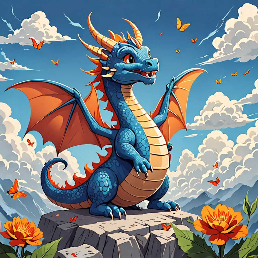 a dragon sitting on a rock with a sky background and flowers around it, with a butterfly flying above, fantasy art, a storybook illustration, Chris LaBrooy, dragon art