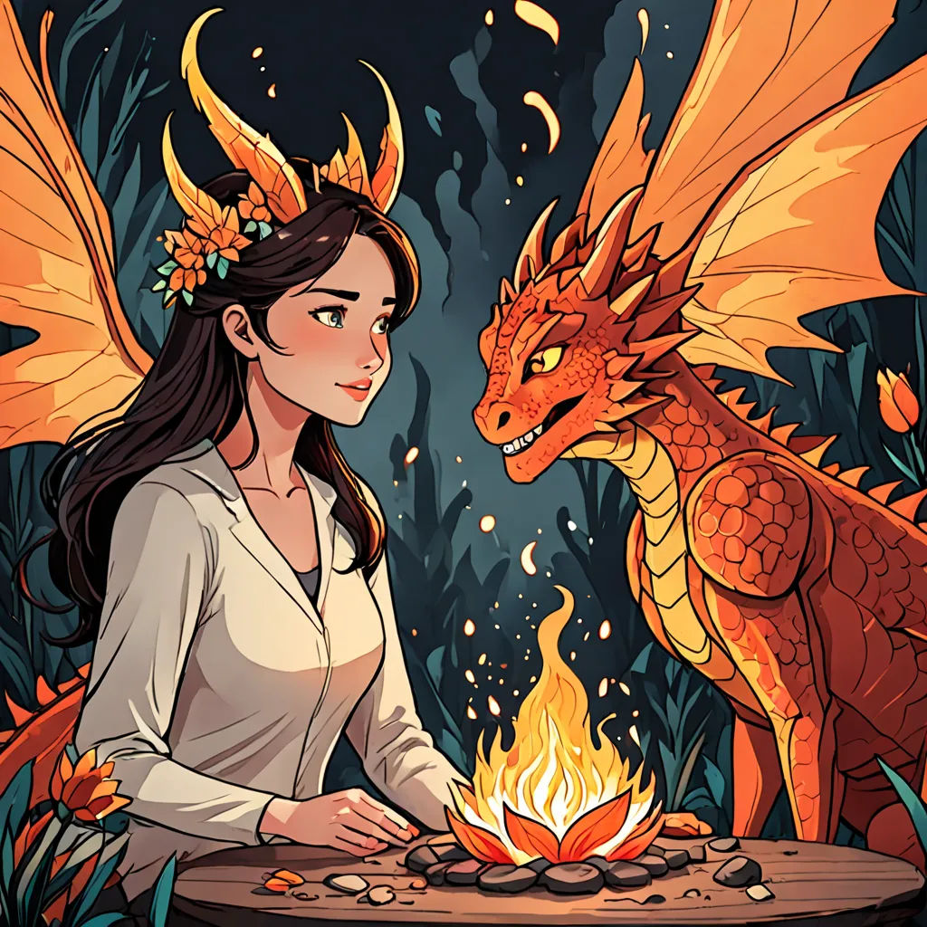 a woman sitting at a table with a dragon next to her and a fire in the background with leaves, fantasy art, a storybook illustration, Fan Qi, dragon art