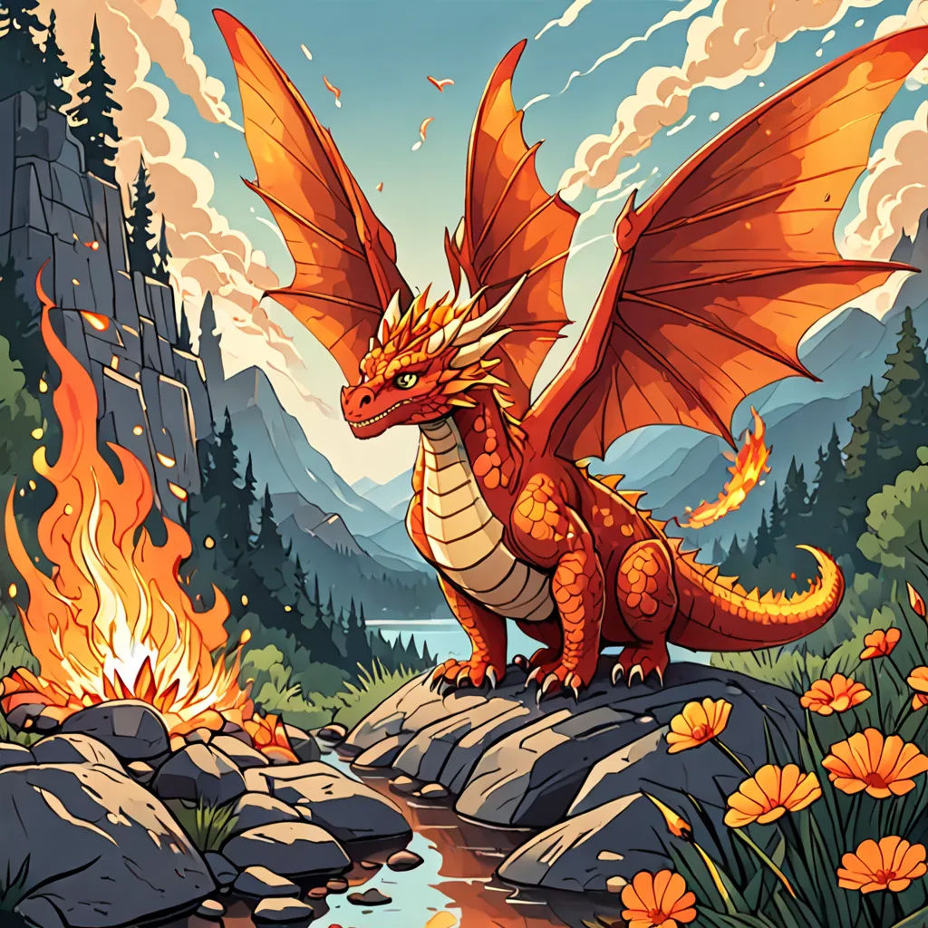 a dragon sitting on a rock near a stream of water and flowers with a mountain in the background with a sky and clouds, fantasy art, a storybook illustration, Dan Mumford, dragon art