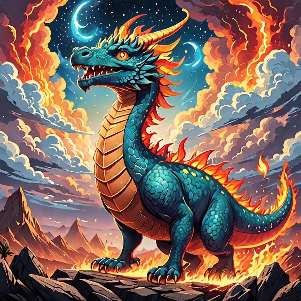 a blue dragon with orange wings and a red tail standing on a rock in front of a sunset sky, fantasy art, a character portrait, Dan Mumford, dragon art
