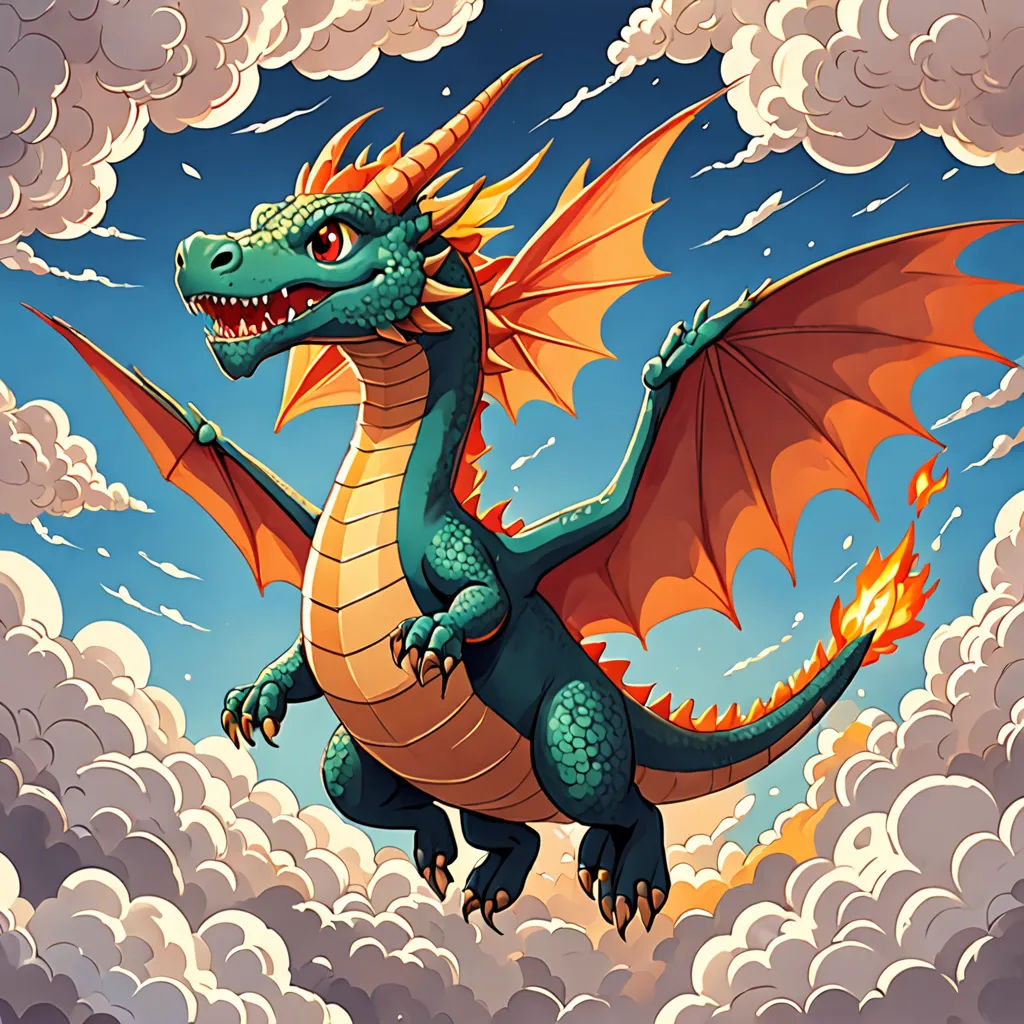 a dragon flying through the sky with clouds in the background and a fire coming out of its mouth and wings, fantasy art, a storybook illustration, Chris LaBrooy, dragon art