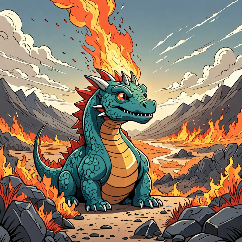 a cartoon of a dragon sitting on a rock in front of a fire filled mountain range with a sky background, fantasy art, a storybook illustration, Chris LaBrooy, josan gonzales and dan mumford