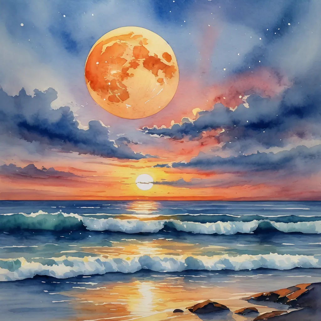 a painting of a sunset over the ocean with a full moon in the sky above the water and a rocky shore, space art, a watercolor painting, Carol Sutton, watercolor