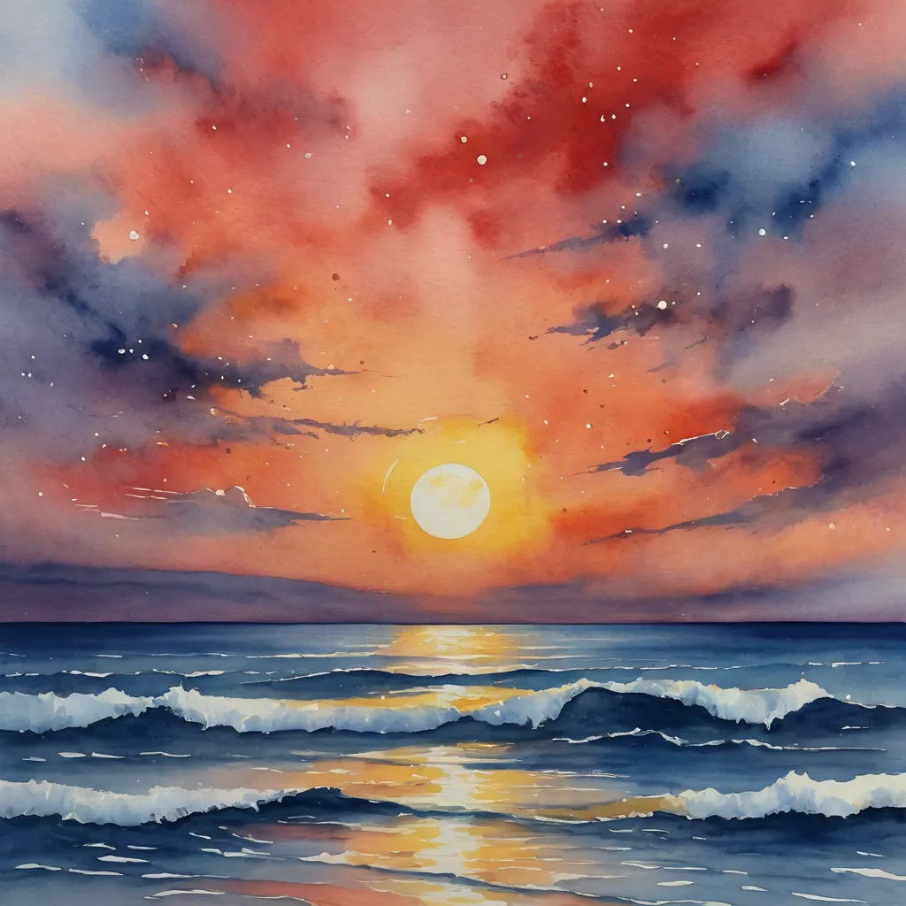 a painting of a sunset over the ocean with waves and a bright sun in the sky above the ocean, space art, a watercolor painting, Alena Aenami, ocean