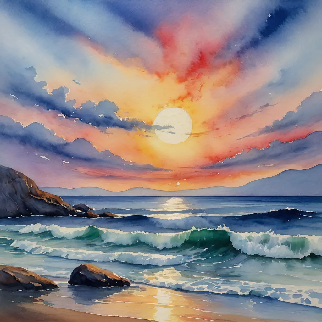 a painting of a sunset over the ocean with waves crashing on the shore and a rock outcropping, american scene painting, a watercolor painting, Alison Kinnaird, sunset