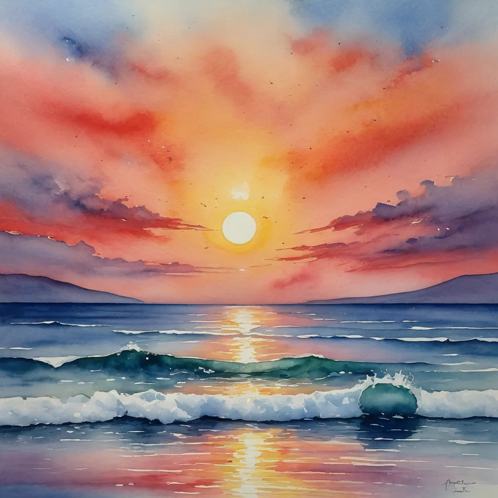 a painting of a sunset over the ocean with waves crashing in front of it and a bright orange sun, american scene painting, a watercolor painting, Carol Sutton, sun