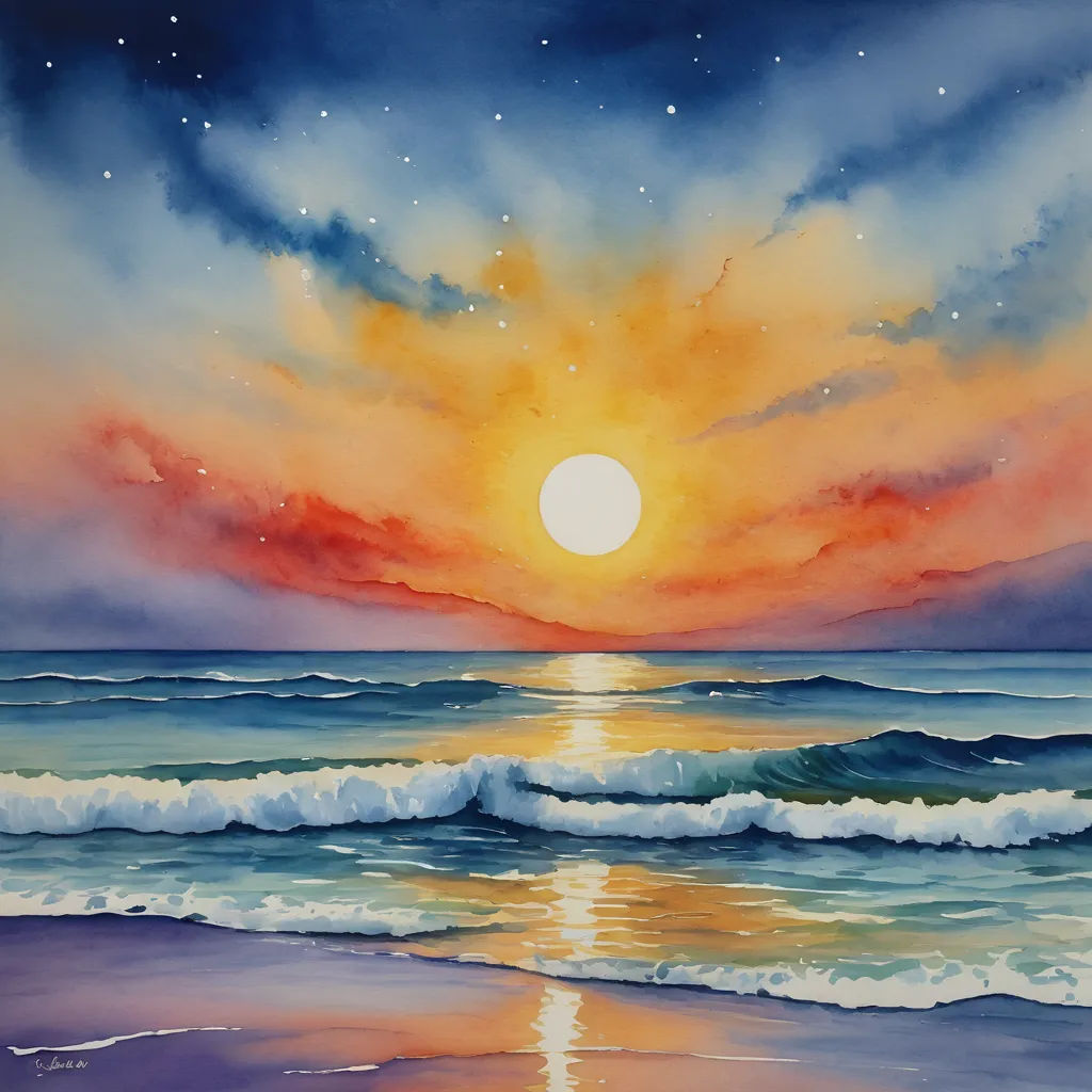 a painting of a sunset over the ocean with waves coming in to shore and a bright orange sun shining in the sky, metaphysical painting, a watercolor painting, Carol Sutton, sunset