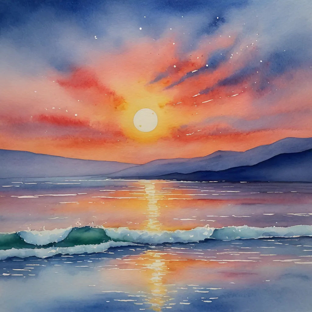 a painting of a sunset over a body of water with a wave coming in to shore and mountains in the distance, american scene painting, a watercolor painting, Alison Kinnaird, watercolor