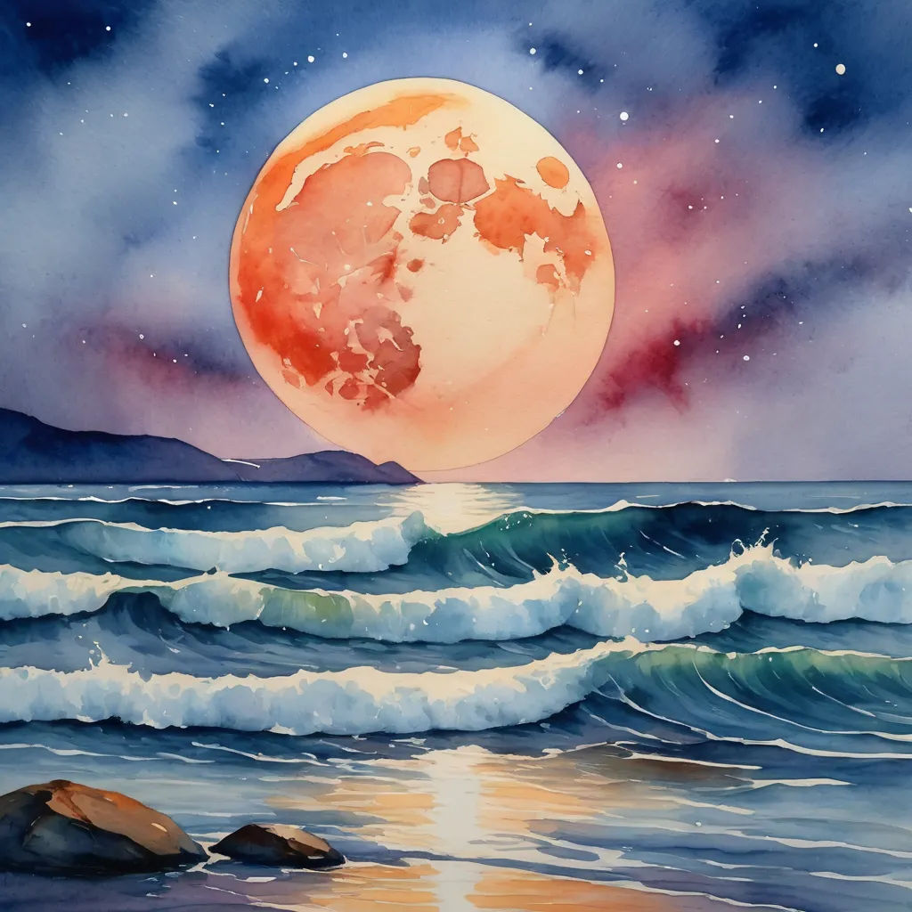 a painting of a full moon over the ocean with waves and rocks in the foreground and a mountain in the background, space art, a watercolor painting, Alison Kinnaird, watercolor