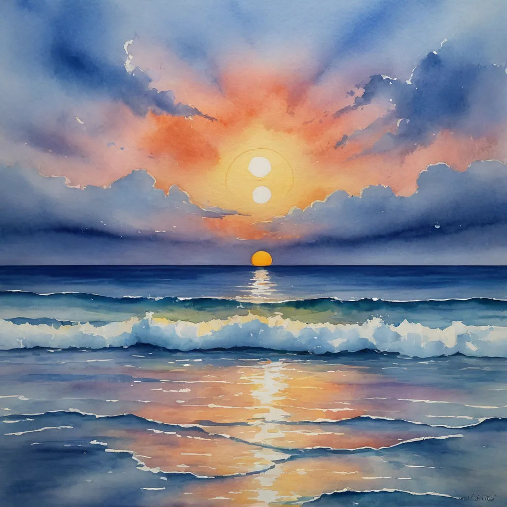 a painting of a sunset over the ocean with waves and a sun in the sky above the water and a bright orange sun, metaphysical painting, a watercolor painting, Carol Sutton, sun