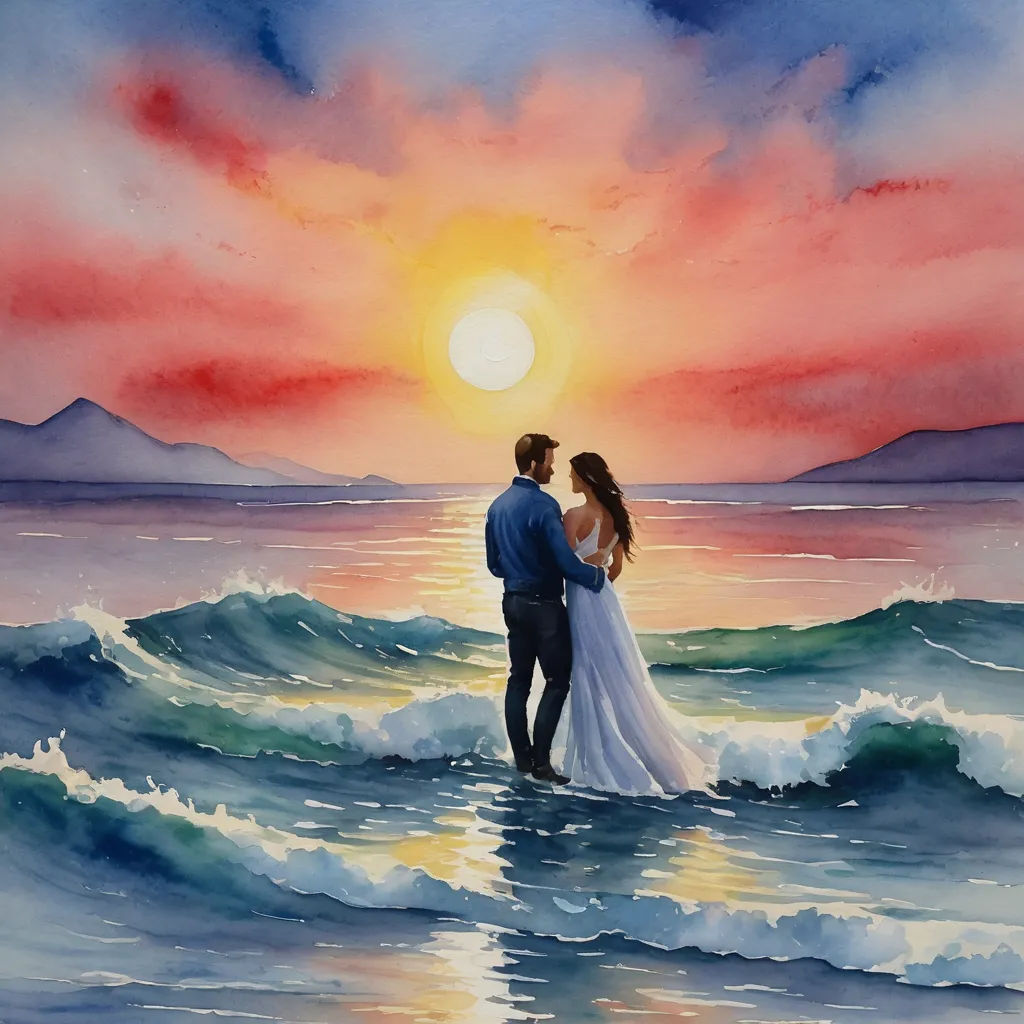 a painting of a couple standing in the ocean at sunset, with the sun setting behind them and the water crashing, figurative art, a watercolor painting, Eric Zener, watercolor