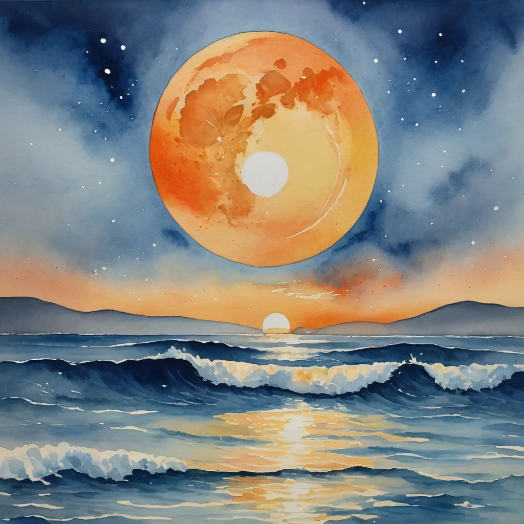 a painting of a full moon over the ocean with waves and a full moon in the sky above the ocean, space art, a watercolor painting, Carol Sutton, ocean