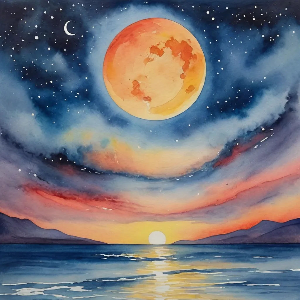 a painting of a full moon over a body of water with a mountain in the background and a full moon in the sky, space art, a watercolor painting, Carol Sutton, watercolor