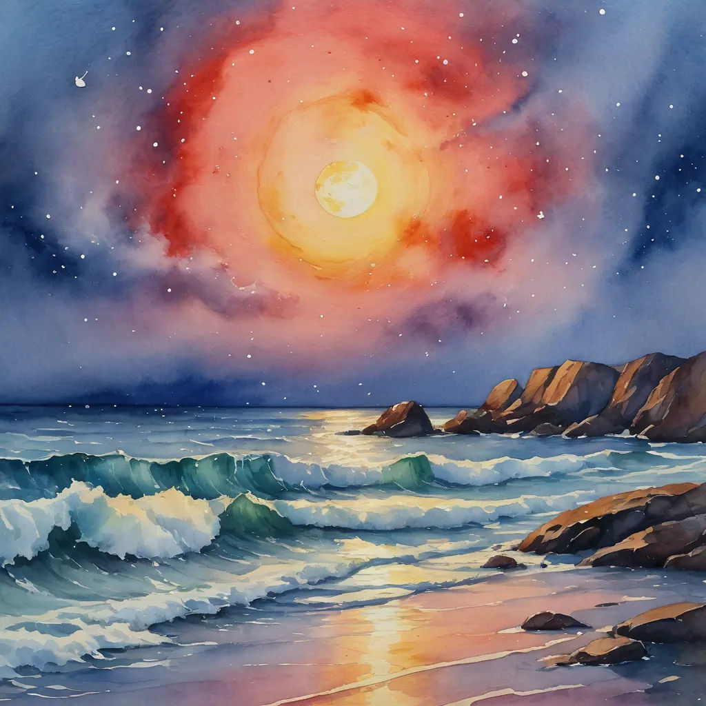 a painting of a sunset over the ocean with waves and rocks in the foreground and a bright orange sun in the background, metaphysical painting, a watercolor painting, Claire Hummel, ocean