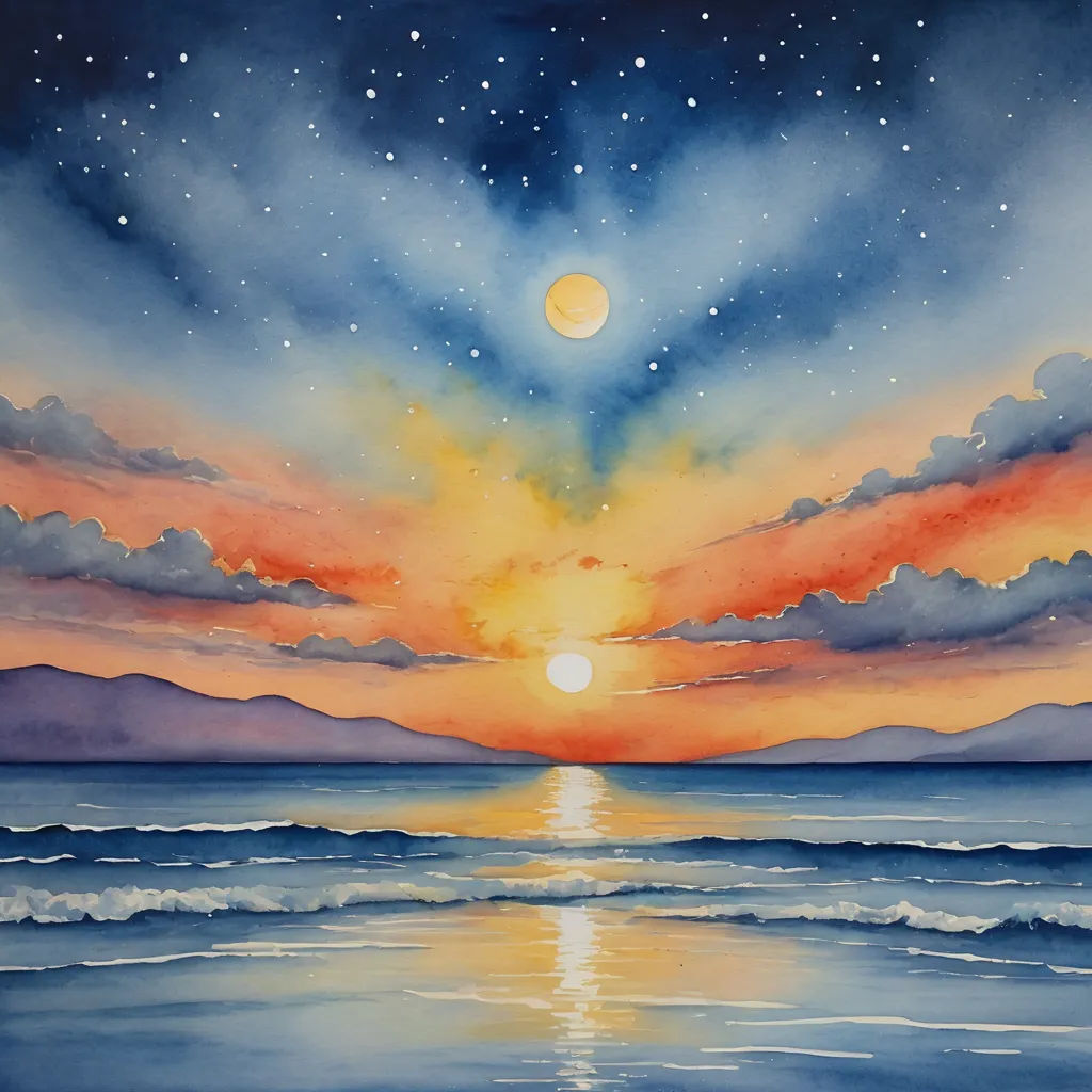 a painting of a sunset over the ocean with a full moon in the sky and a star in the sky, metaphysical painting, a watercolor painting, Carol Sutton, watercolor