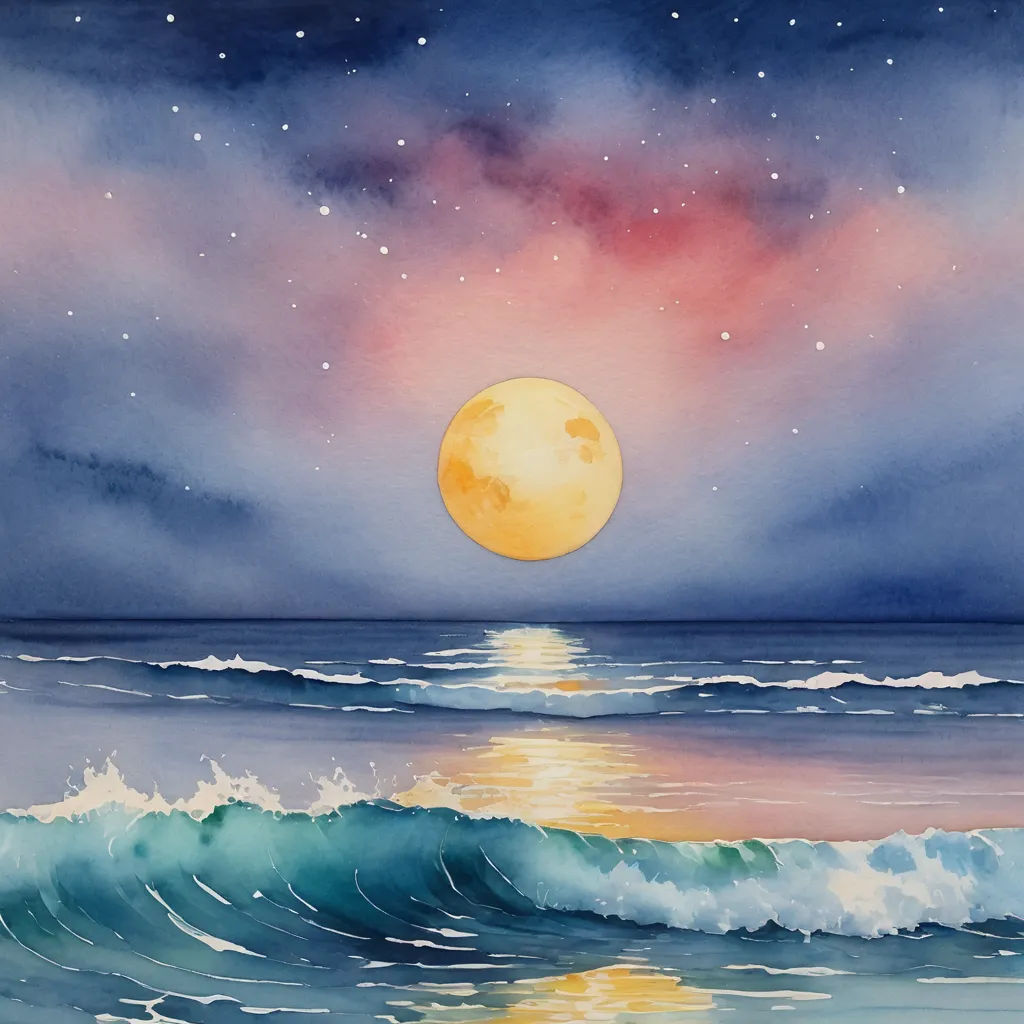 a painting of a full moon over the ocean with waves and stars in the sky above it and a full moon above the ocean, metaphysical painting, a watercolor painting, Carol Sutton, ocean
