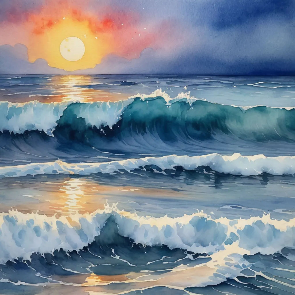 a painting of a sunset over the ocean with waves crashing in front of it and a full moon in the sky, american scene painting, a watercolor painting, Carol Sutton, ocean