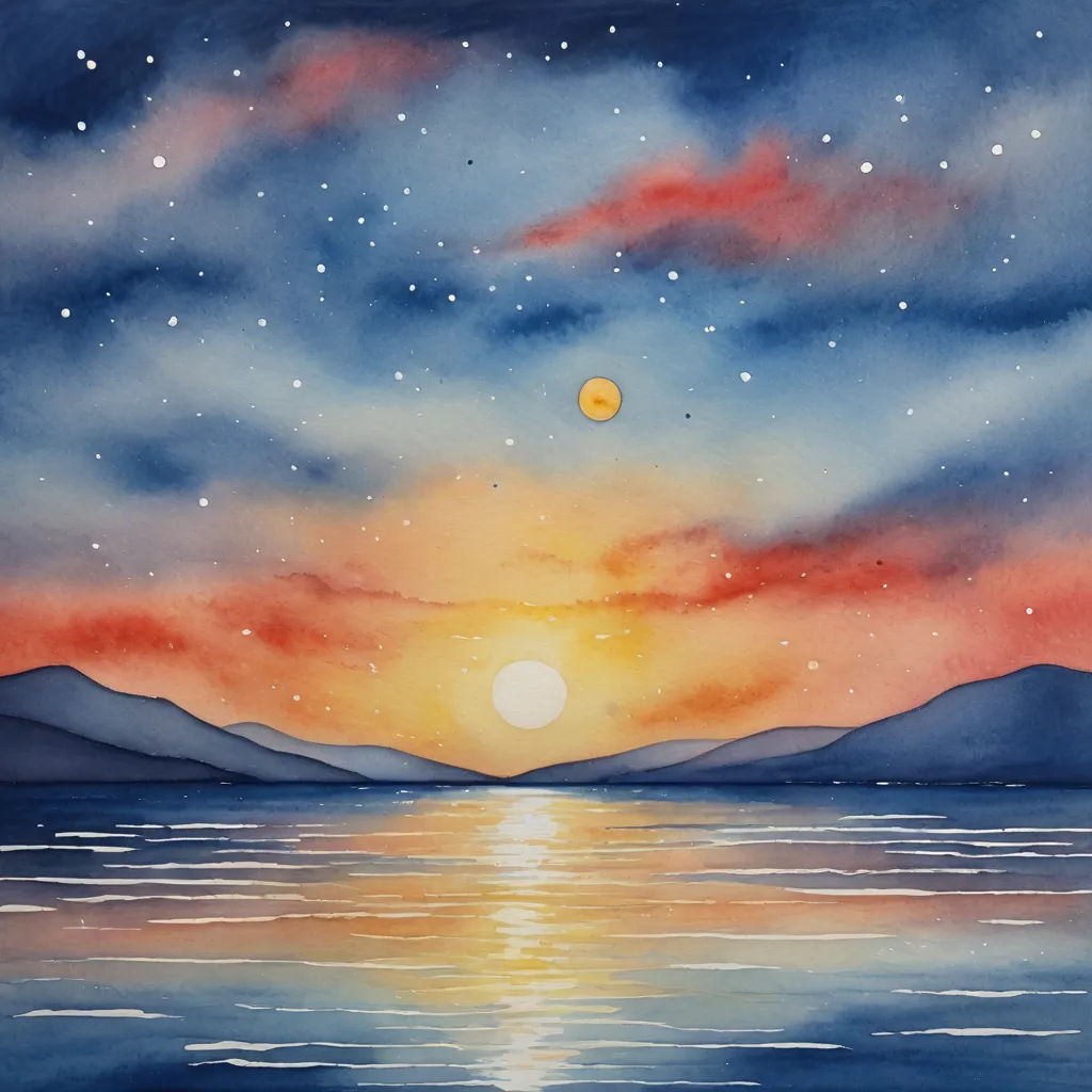 a painting of a sunset over a lake with mountains in the background and a bright orange sun in the sky, space art, a watercolor painting, Carol Sutton, sun
