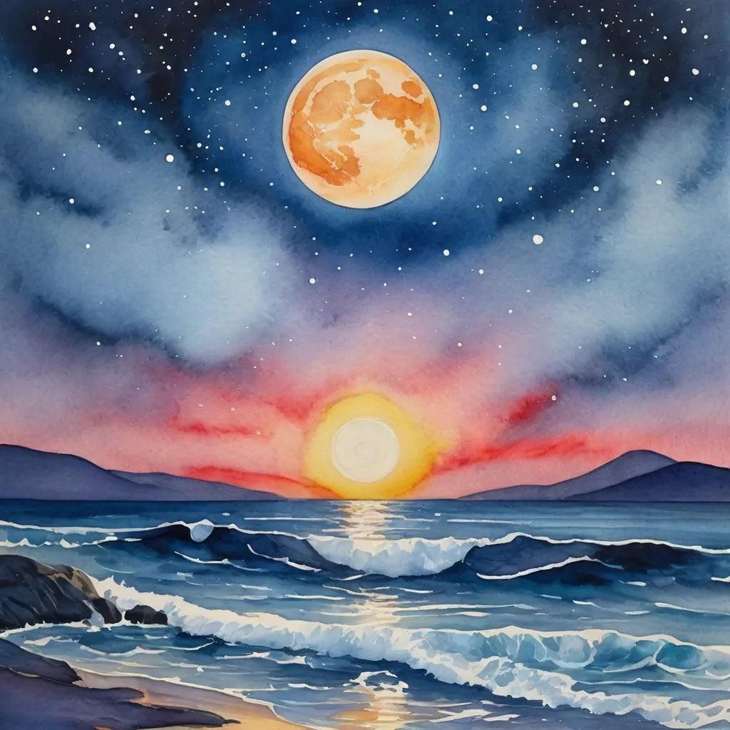 a painting of a sunset over the ocean with a full moon in the sky above the water and a beach below, space art, a watercolor painting, Carol Sutton, sun