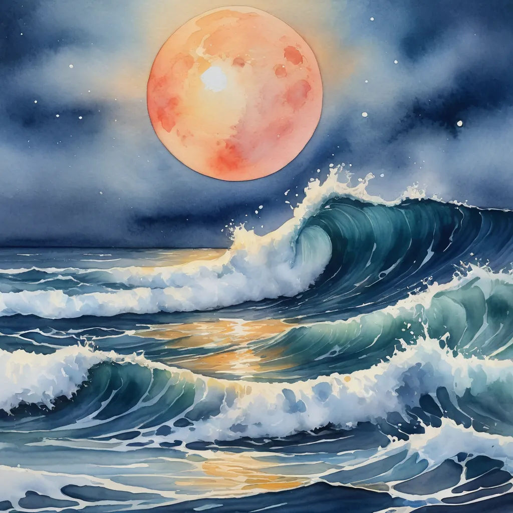 a painting of a full moon over a body of water with waves in the foreground and a full moon in the background, ukiyo-e, a watercolor painting, Alison Kinnaird, ocean