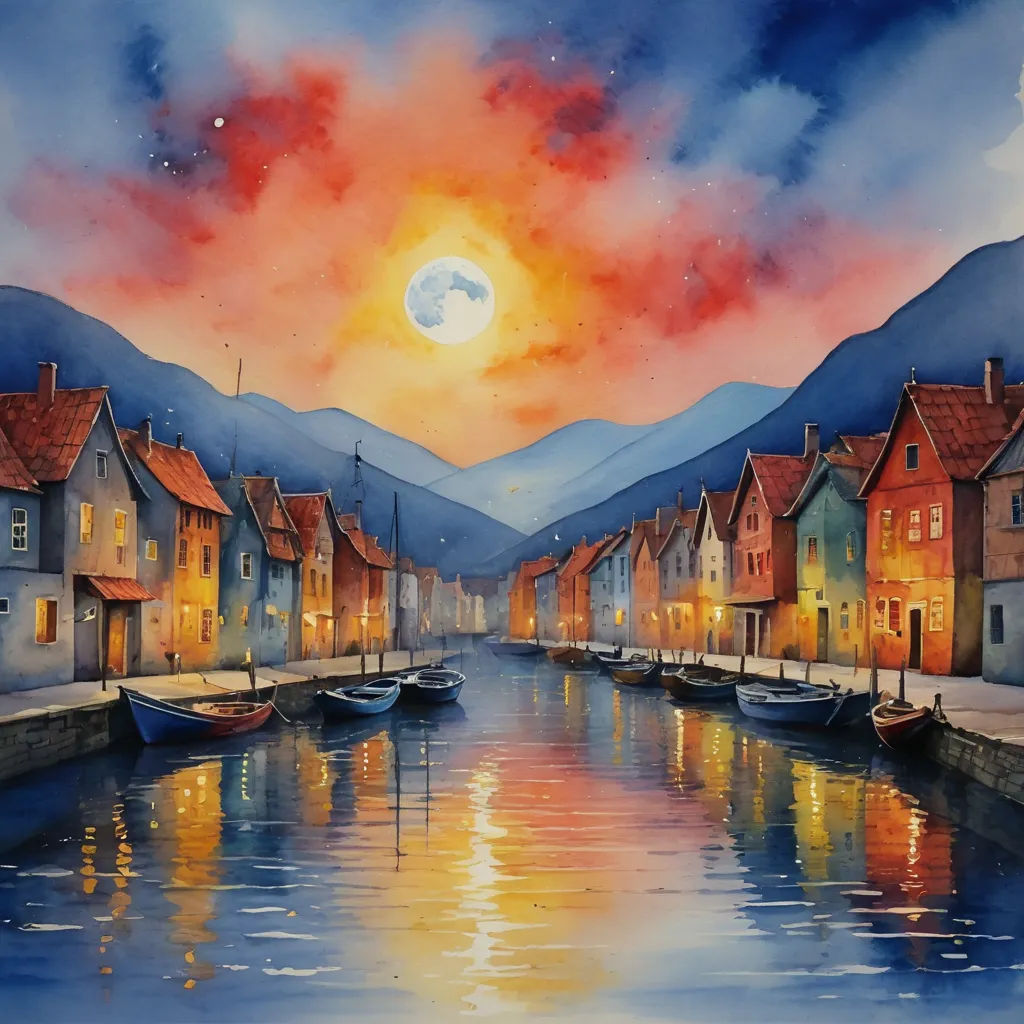 a painting of a sunset over a small town with boats in the water and a full moon in the sky, modern european ink painting, a watercolor painting, Art Brenner, watercolor