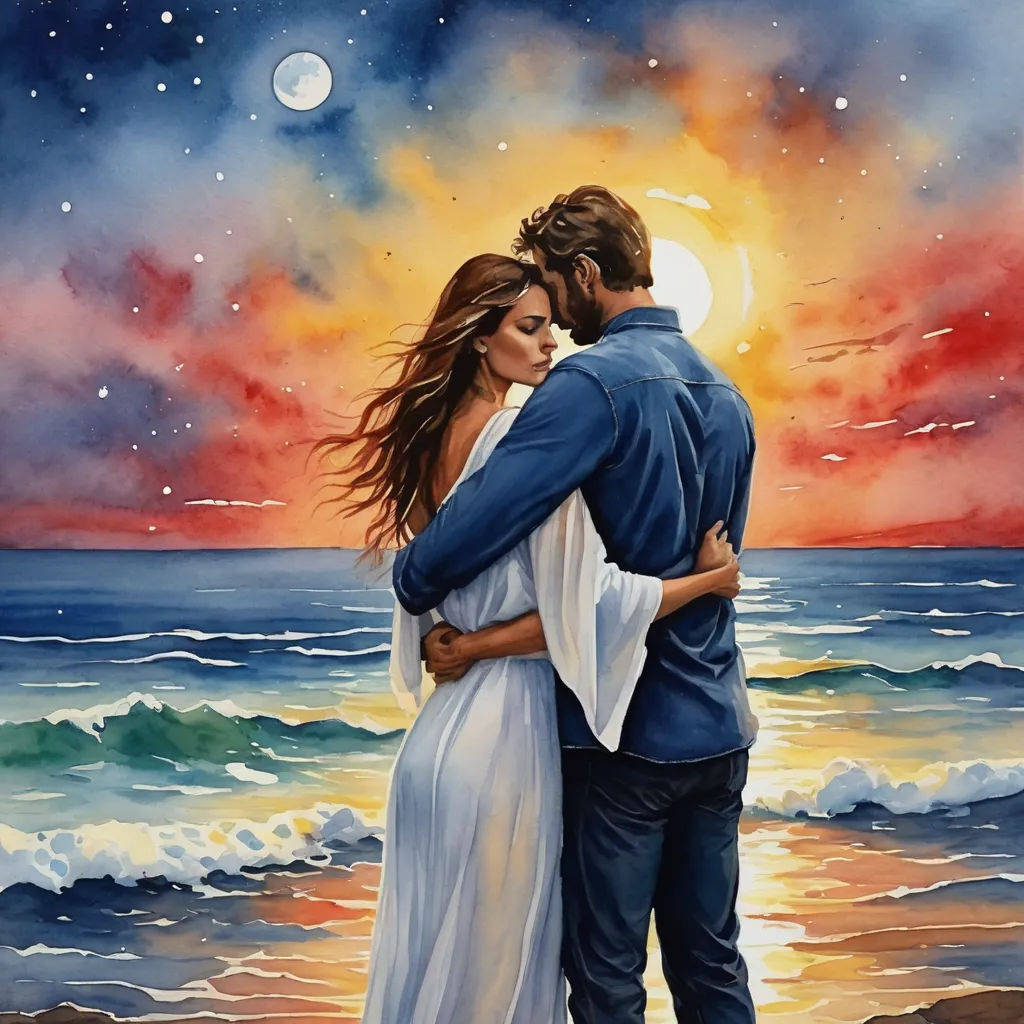 a painting of a couple embracing on the beach at night with the moon in the sky above them and the ocean below, figurative art, a fine art painting, Eric Zener, highly detailed digital painting