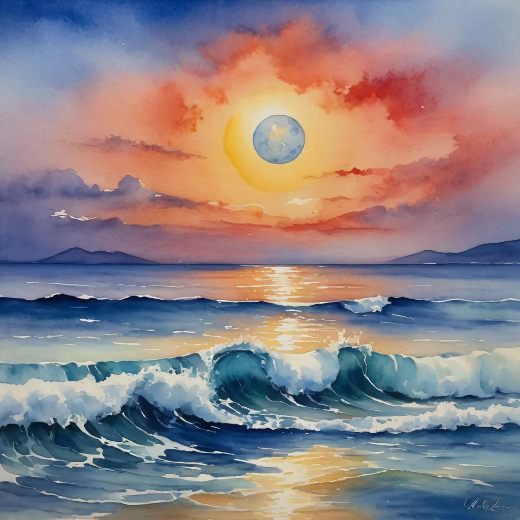 a painting of a sunset over the ocean with waves and a full moon in the sky above the water, metaphysical painting, a watercolor painting, Carol Sutton, ocean