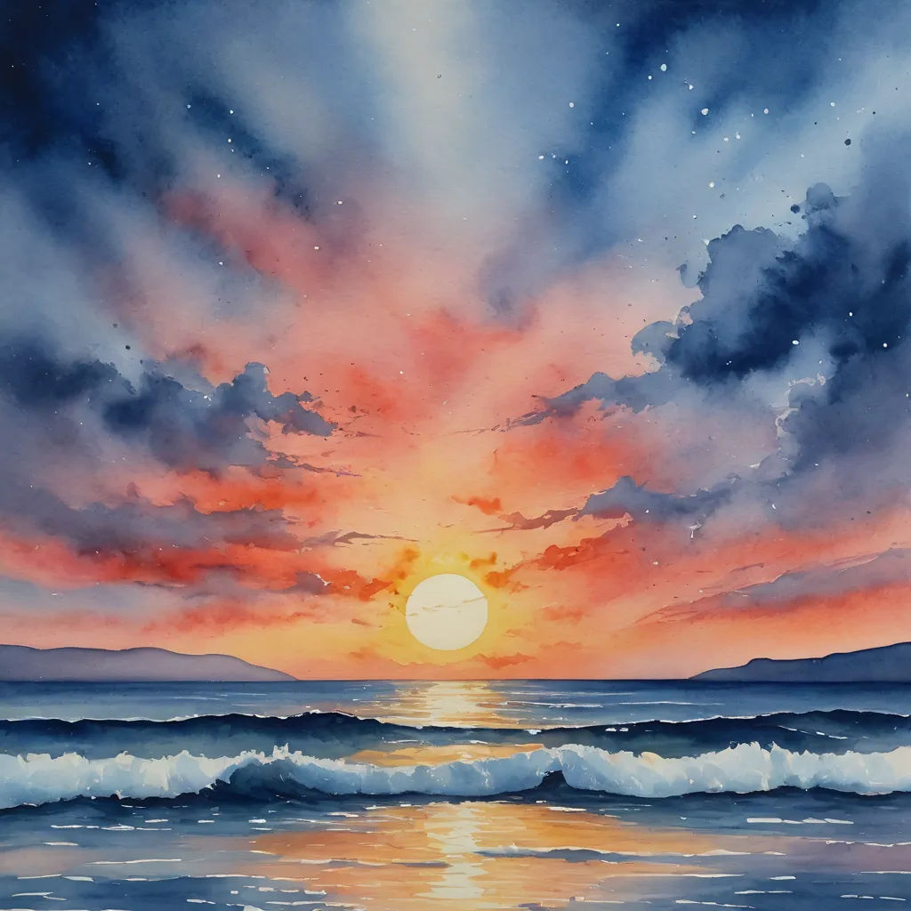 a painting of a sunset over the ocean with waves coming in to shore and a person standing on a surfboard, american scene painting, a watercolor painting, David Martin, sunset
