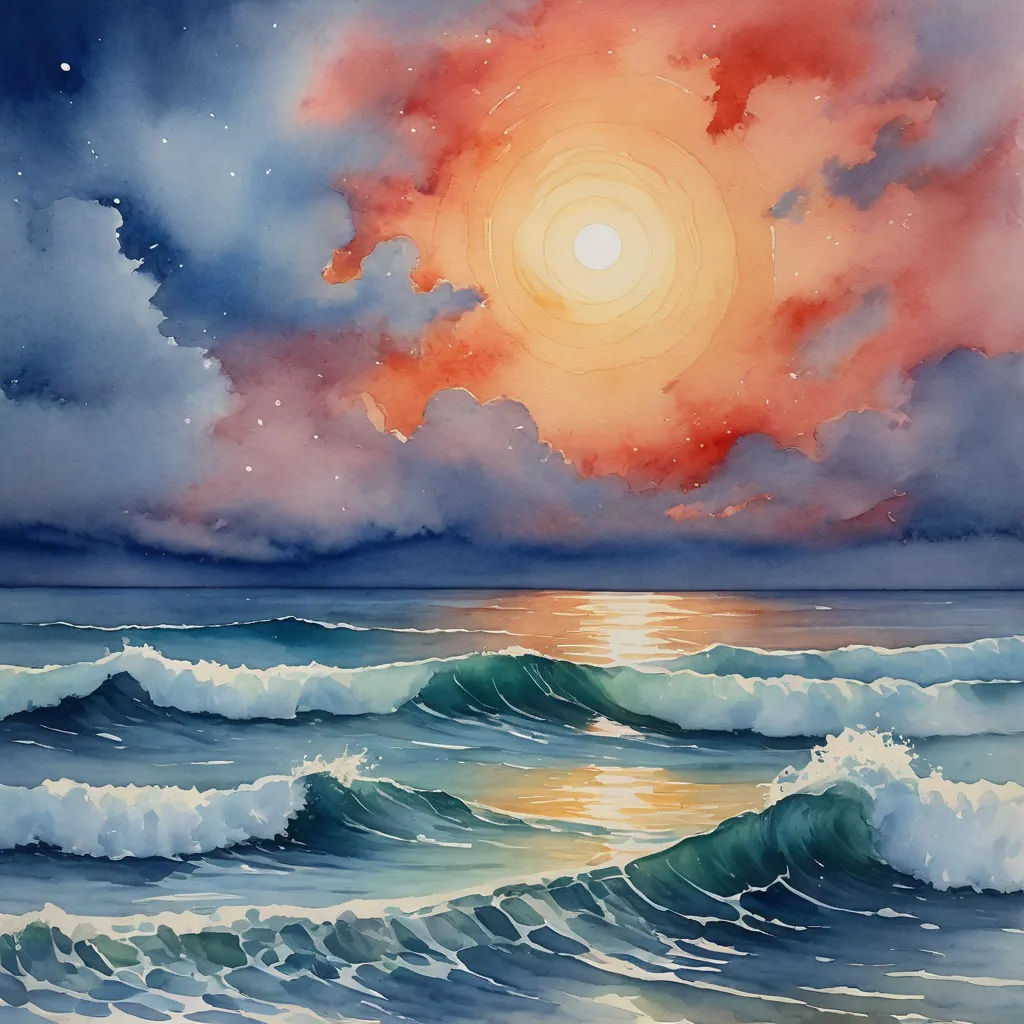 a painting of a sunset over the ocean with waves and a bright sun in the sky above the ocean, metaphysical painting, a watercolor painting, Claire Hummel, ocean