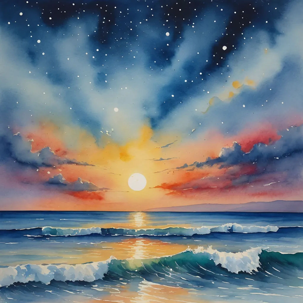 a painting of a sunset over the ocean with waves and stars in the sky above the water and a bright sun, metaphysical painting, a watercolor painting, Carol Sutton, ocean
