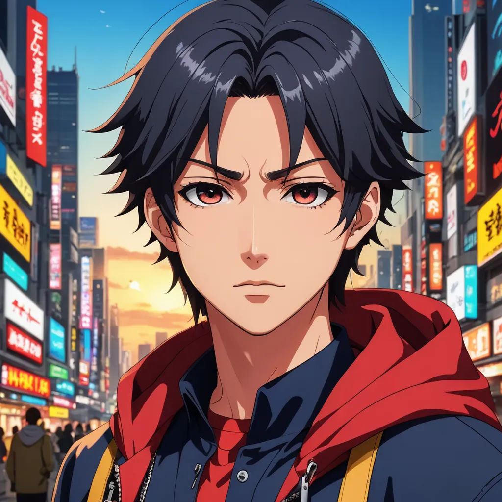 a man in a red hoodie standing in a city at night with a cityscape in the background, serial art, a character portrait, Cedric Seaut (Keos Masons), official art