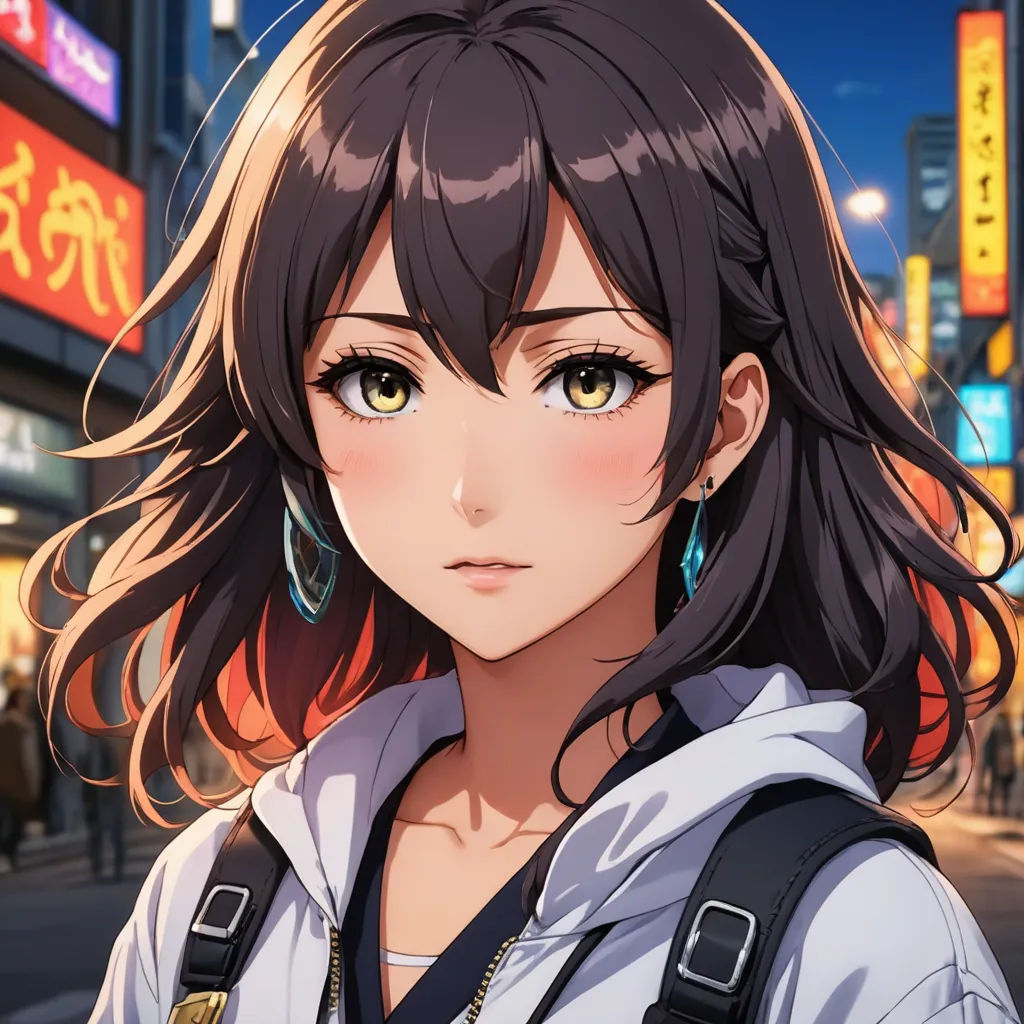 a woman with long hair and big earrings standing in the street in front of a neon cityscape, sots art, a character portrait, Ai-Mitsu, official art