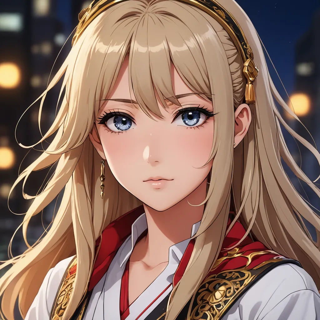 a blonde haired girl with long hair and blue eyes wearing a red and gold outfit and a gold headband, sots art, a character portrait, Chizuko Yoshida, official art