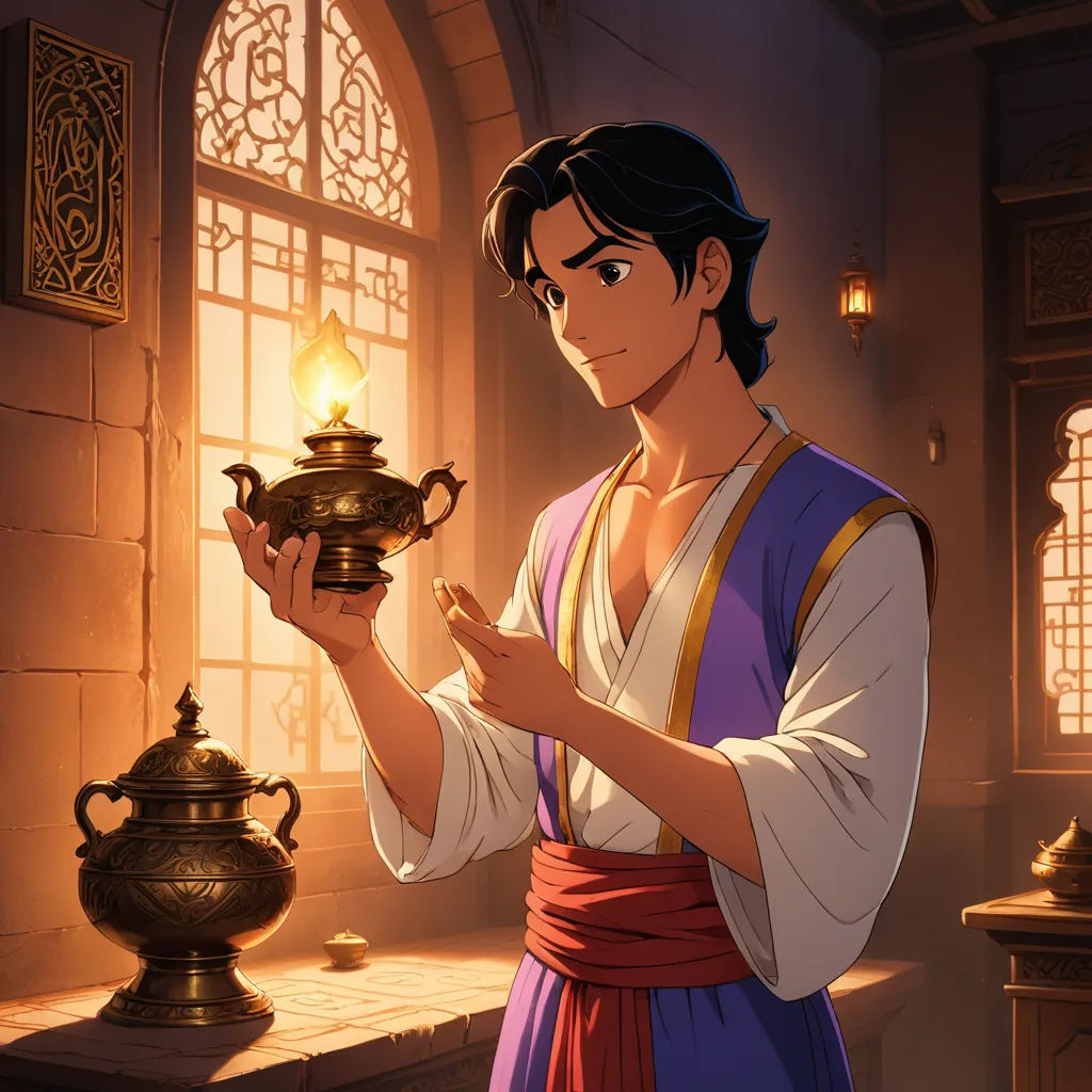 a man in a costume holding a pot and a lamp in a room with windows and a window sill, cloisonnism, concept art, Altoon Sultan, rossdraws global illumination